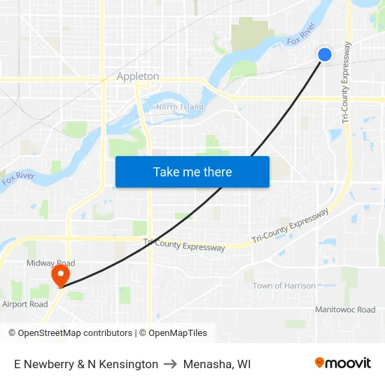 E Newberry & N Kensington to Menasha, WI map