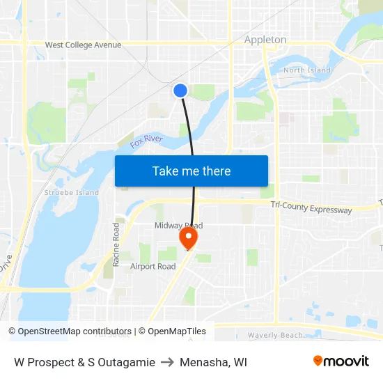 W Prospect & S Outagamie to Menasha, WI map