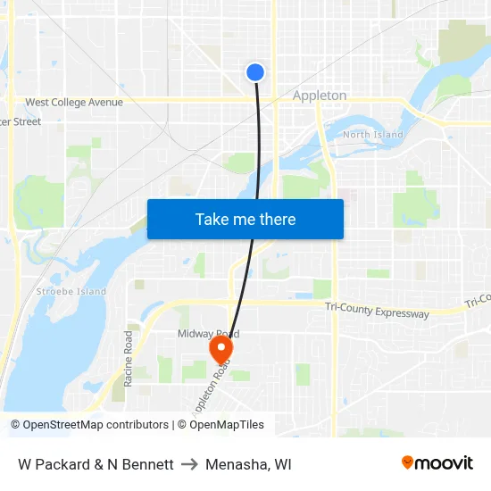 W Packard & N Bennett to Menasha, WI map
