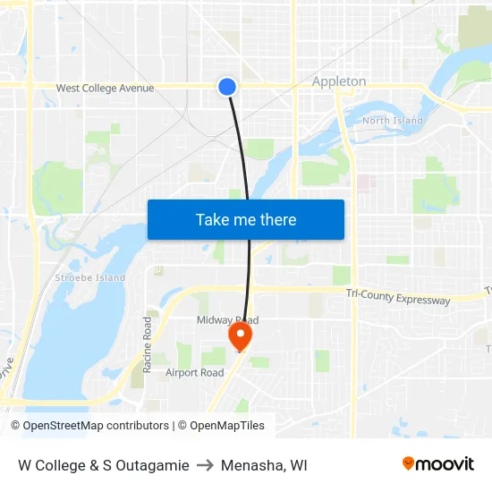 W College & S Outagamie to Menasha, WI map