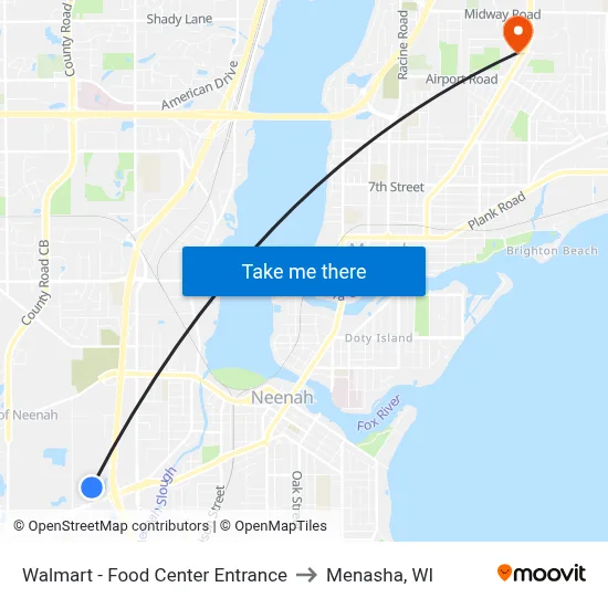 Walmart - Food Center Entrance to Menasha, WI map