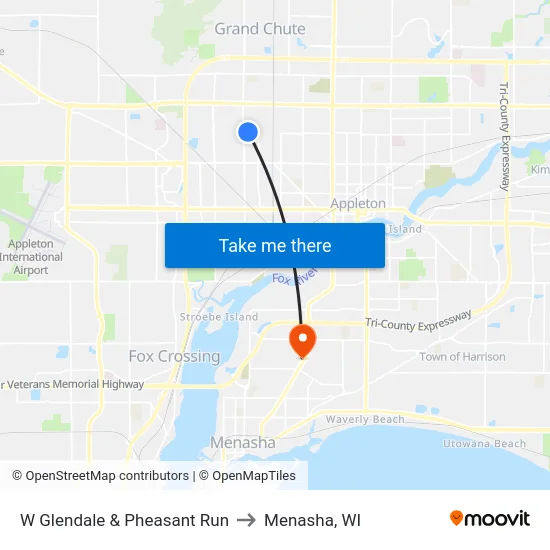 W Glendale & Pheasant Run to Menasha, WI map