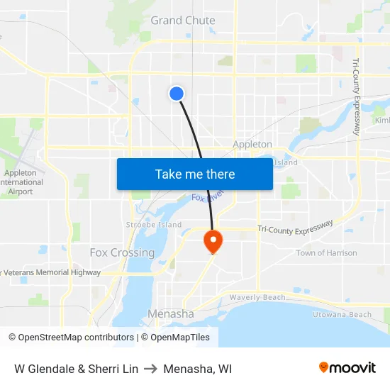 W Glendale & Sherri Lin to Menasha, WI map