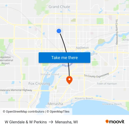W Glendale & W Perkins to Menasha, WI map