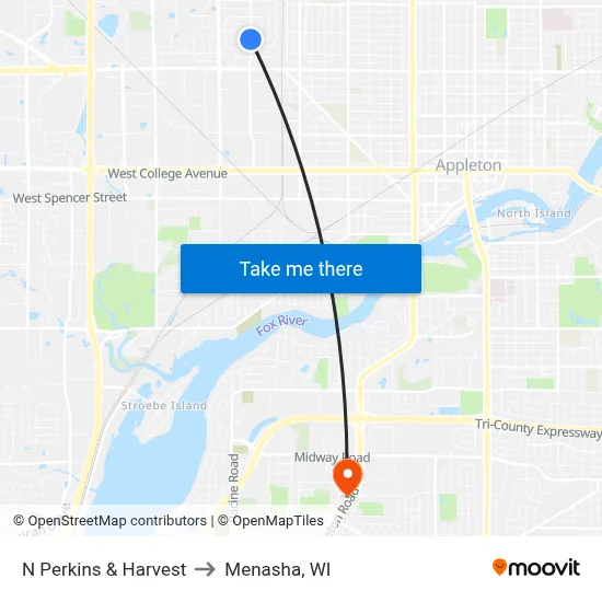 N Perkins & Harvest to Menasha, WI map