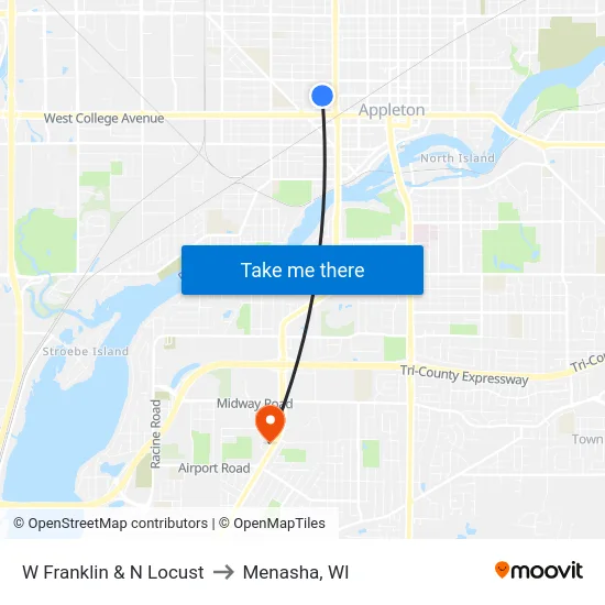 W Franklin & N Locust to Menasha, WI map