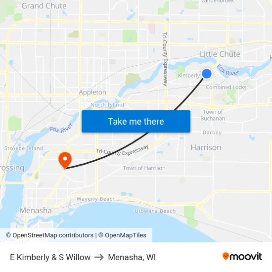 E Kimberly & S Willow to Menasha, WI map