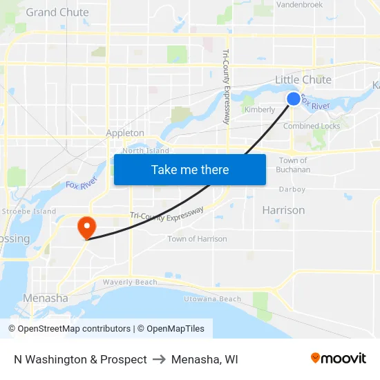N Washington & Prospect to Menasha, WI map