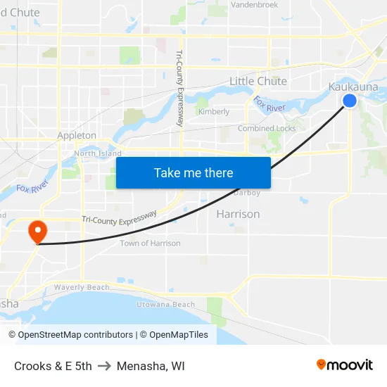 Crooks & E 5th to Menasha, WI map