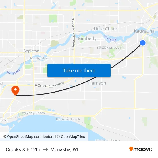 Crooks & E 12th to Menasha, WI map