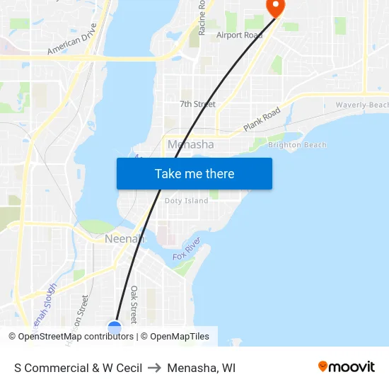 S Commercial & W Cecil to Menasha, WI map