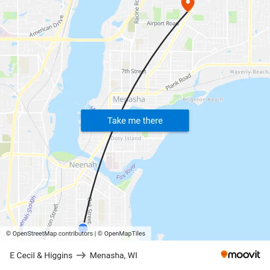 E Cecil & Higgins to Menasha, WI map
