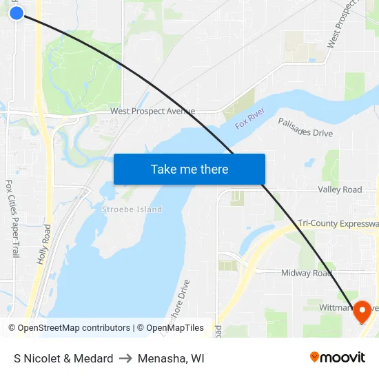 S Nicolet & Medard to Menasha, WI map