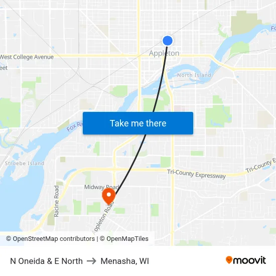 N Oneida & E North to Menasha, WI map