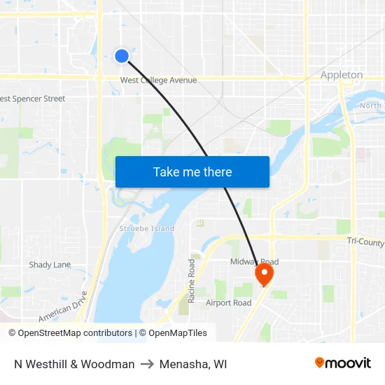 N Westhill & Woodman to Menasha, WI map