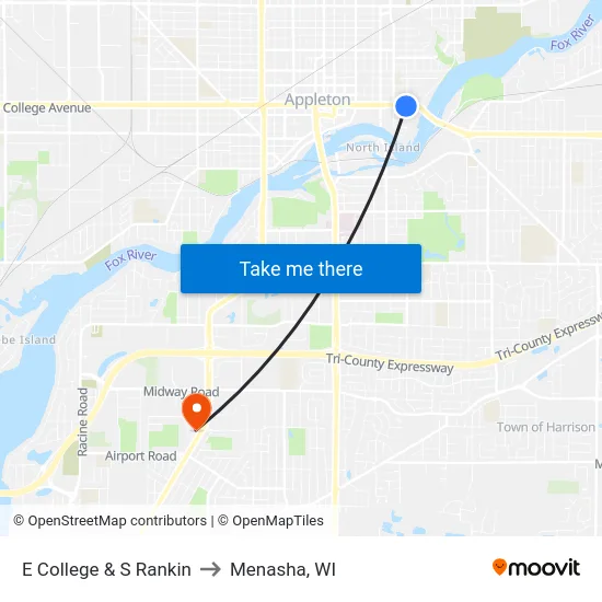 E College & S Rankin to Menasha, WI map