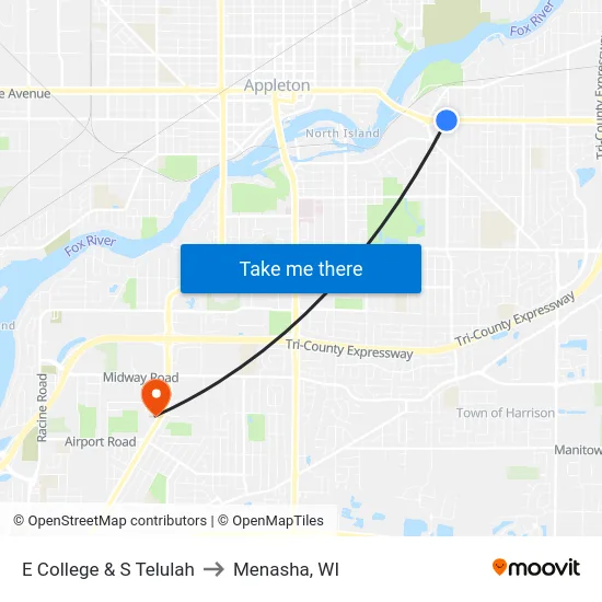 E College & S Telulah to Menasha, WI map