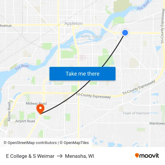 E College & S Weimar to Menasha, WI map