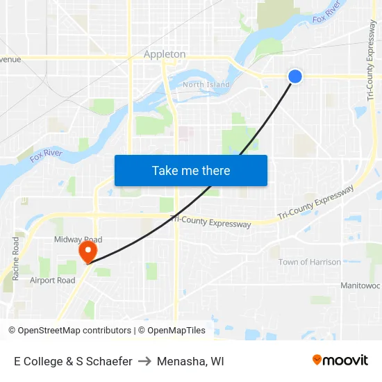 E College & S Schaefer to Menasha, WI map
