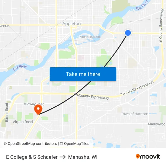 E College & S Schaefer to Menasha, WI map