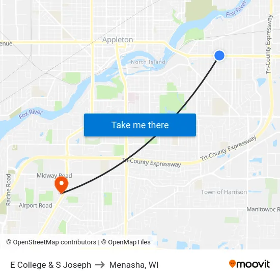 E College & S Joseph to Menasha, WI map