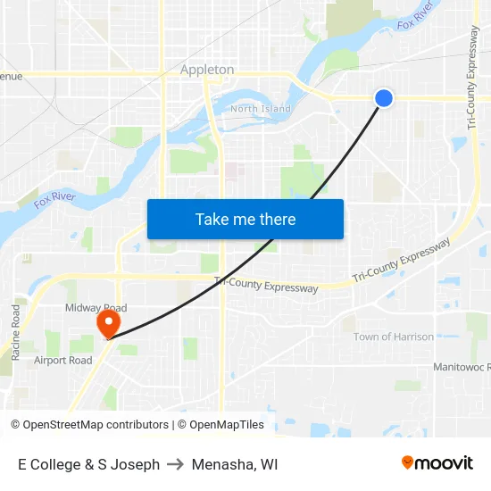 E College & S Joseph to Menasha, WI map