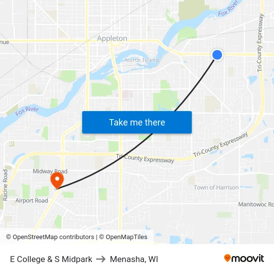 E College & S Midpark to Menasha, WI map