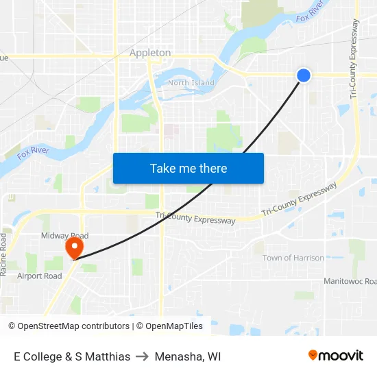 E College & S Matthias to Menasha, WI map