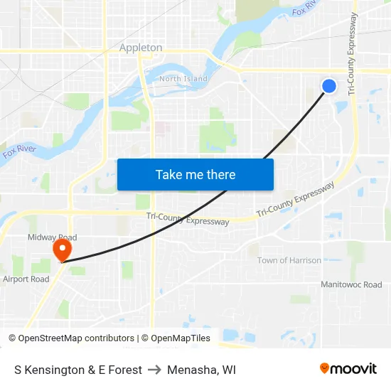 S Kensington & E Forest to Menasha, WI map