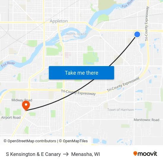 S Kensington & E Canary to Menasha, WI map