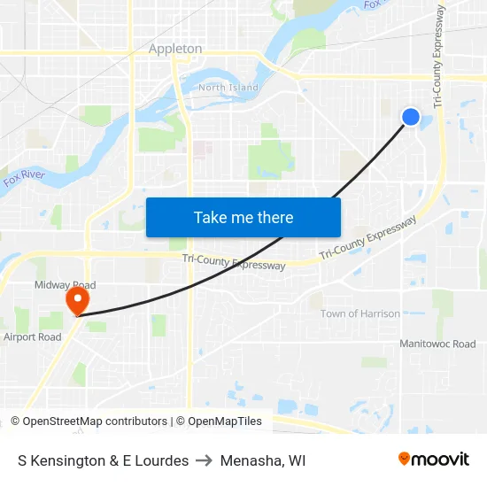 S Kensington & E Lourdes to Menasha, WI map
