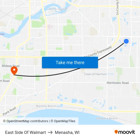 East Side Of Walmart to Menasha, WI map