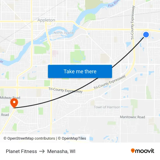 Planet Fitness to Menasha, WI map