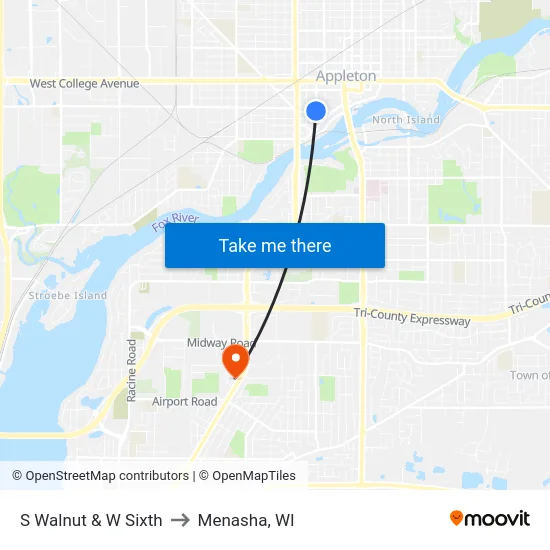 S Walnut & W Sixth to Menasha, WI map
