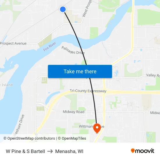 W Pine & S Bartell to Menasha, WI map