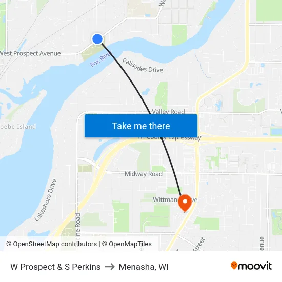 W Prospect & S Perkins to Menasha, WI map