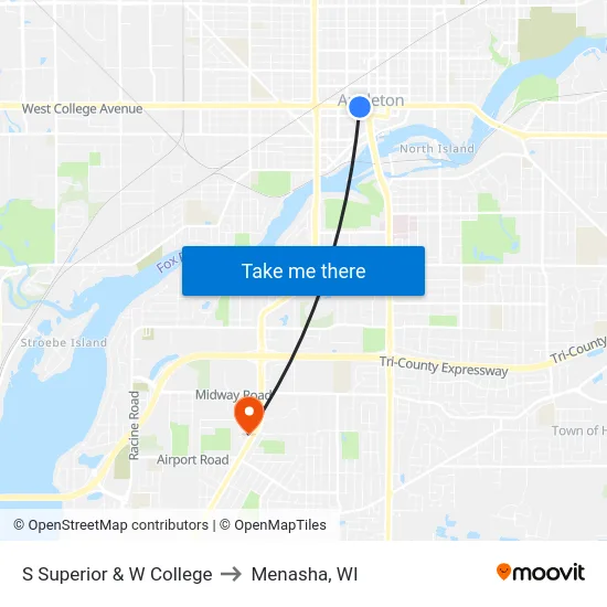 S Superior & W College to Menasha, WI map