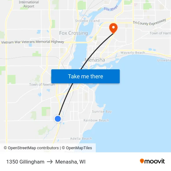 1350 Gillingham to Menasha, WI map