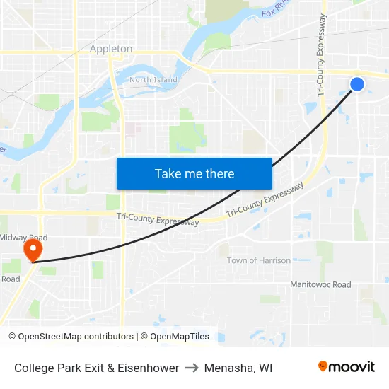 College Park Exit & Eisenhower to Menasha, WI map