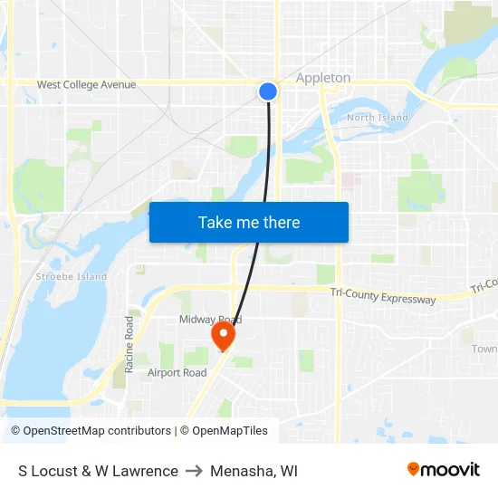 S Locust & W Lawrence to Menasha, WI map