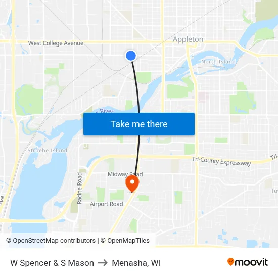 W Spencer & S Mason to Menasha, WI map