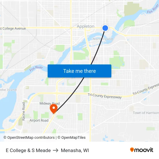 E College & S Meade to Menasha, WI map