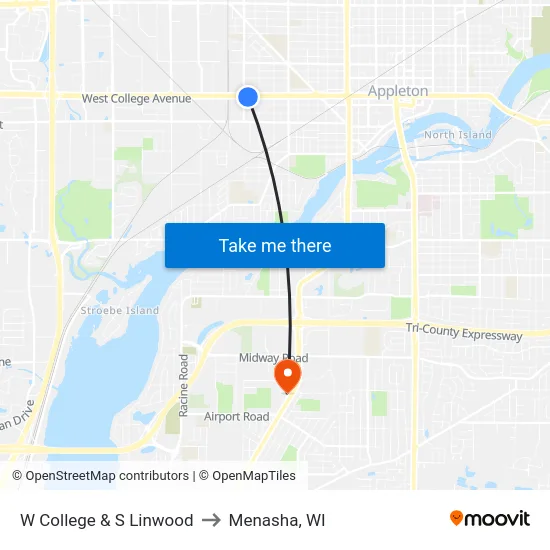 W College & S Linwood to Menasha, WI map