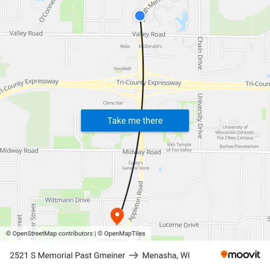 2521 S Memorial Past Gmeiner to Menasha, WI map