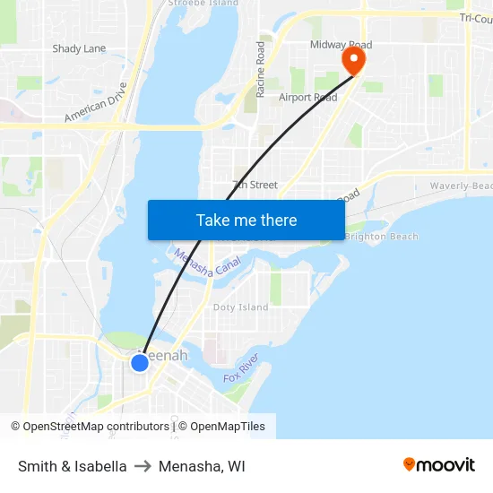 Smith & Isabella to Menasha, WI map