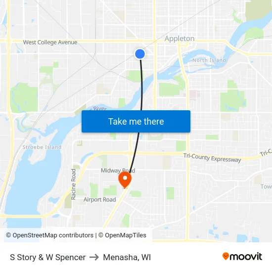 S Story & W Spencer to Menasha, WI map