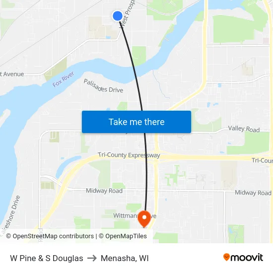 W Pine & S Douglas to Menasha, WI map