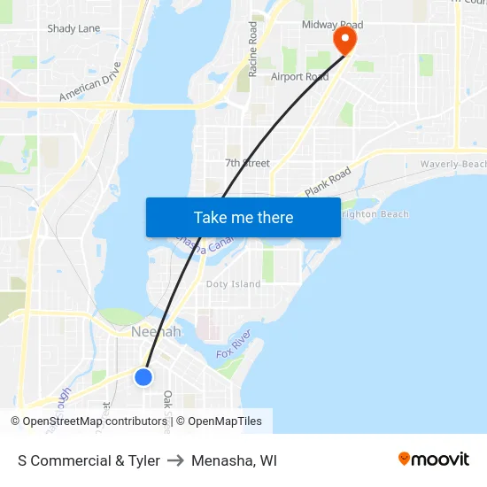 S Commercial & Tyler to Menasha, WI map