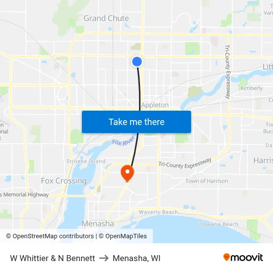 W Whittier & N Bennett to Menasha, WI map