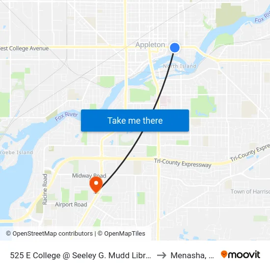 525 E College @ Seeley G. Mudd Library to Menasha, WI map